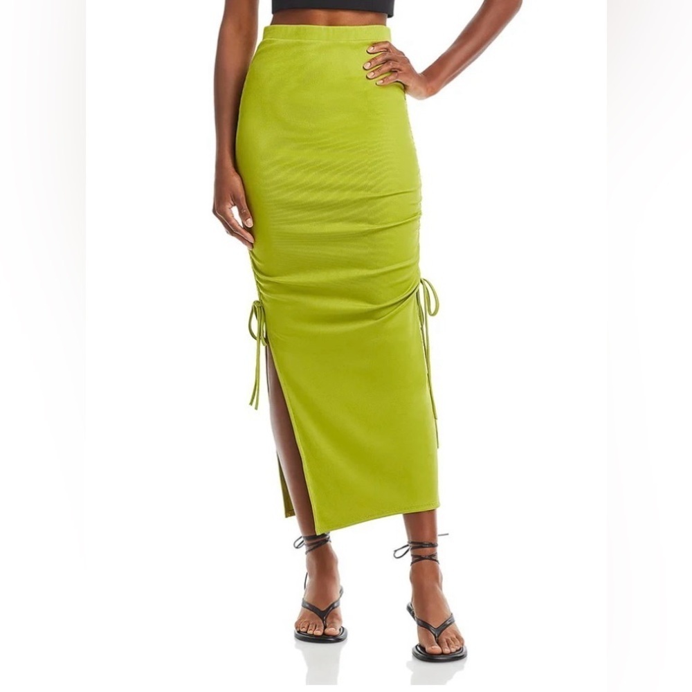 Fore Women’s Ribbed Side Ruched Midi Stretch Skirt Pull-On Slits Avocado XS NWT